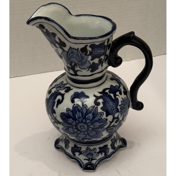 Gorgeous Vintage Blue And White Pitcher 8.75" Tall - Picture 1 of 8